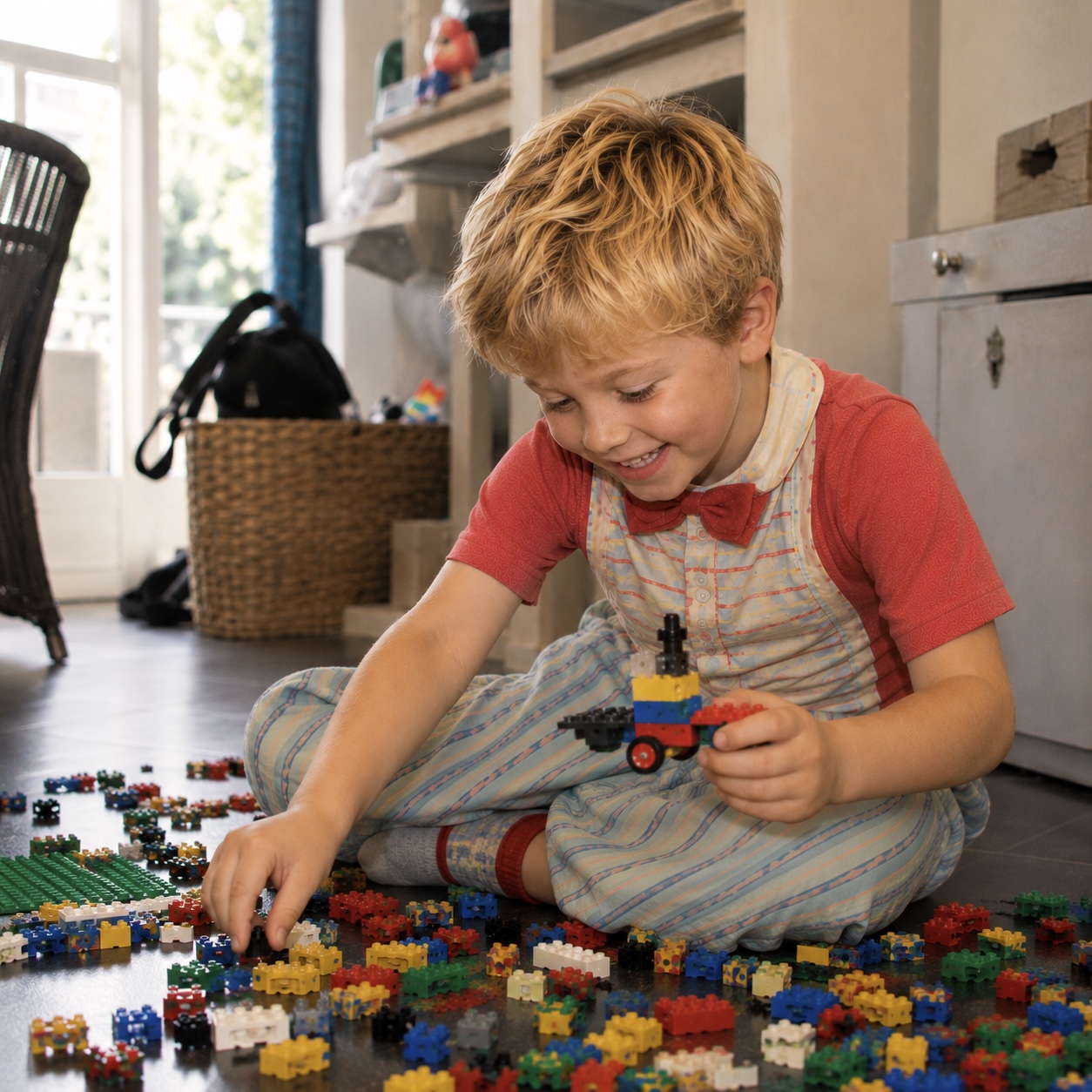 A smiling child playing with colourful building blocks